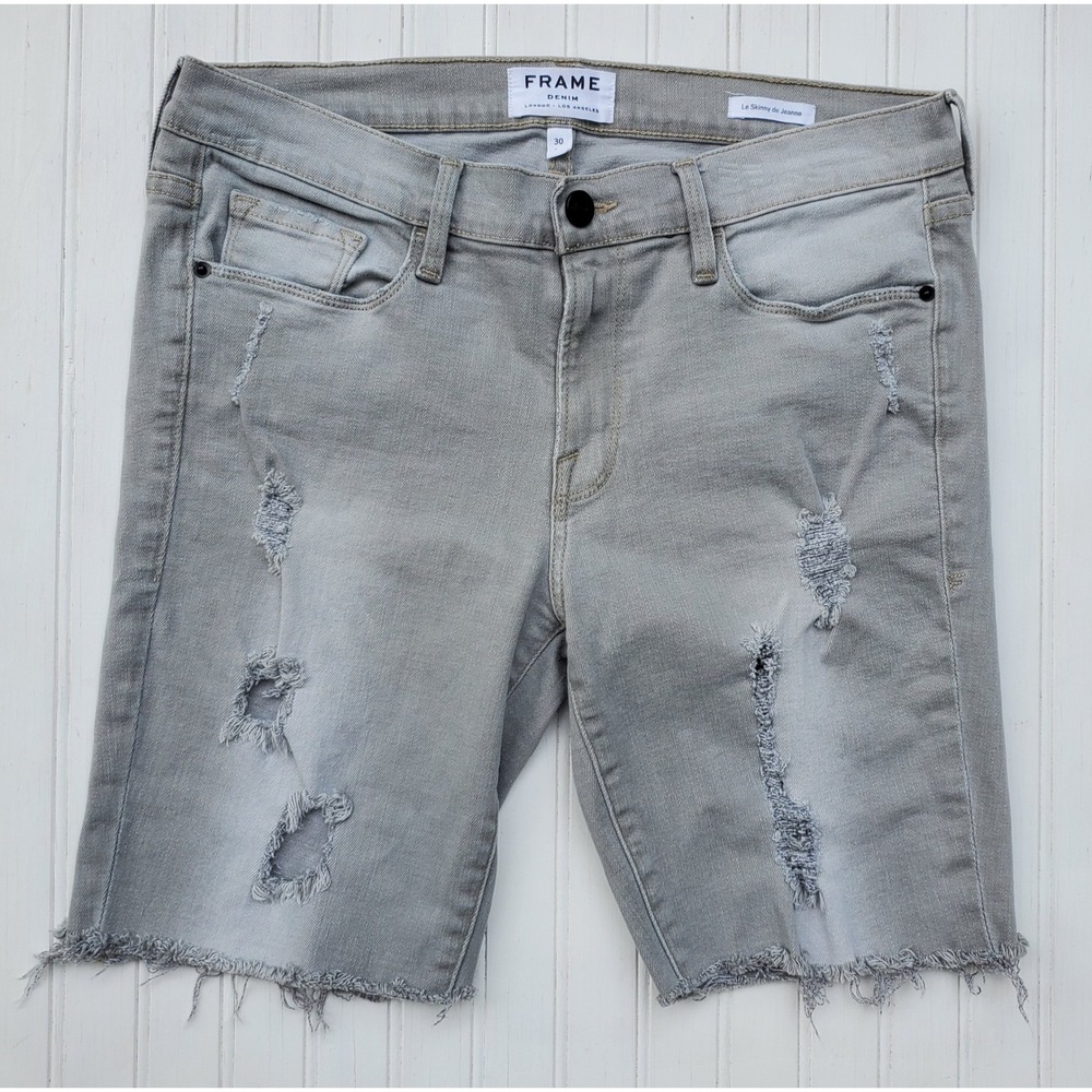 FRAME Denim Le Skinny de Jeanne Distressed Grey Jean Shorts Size 30 LSJ795